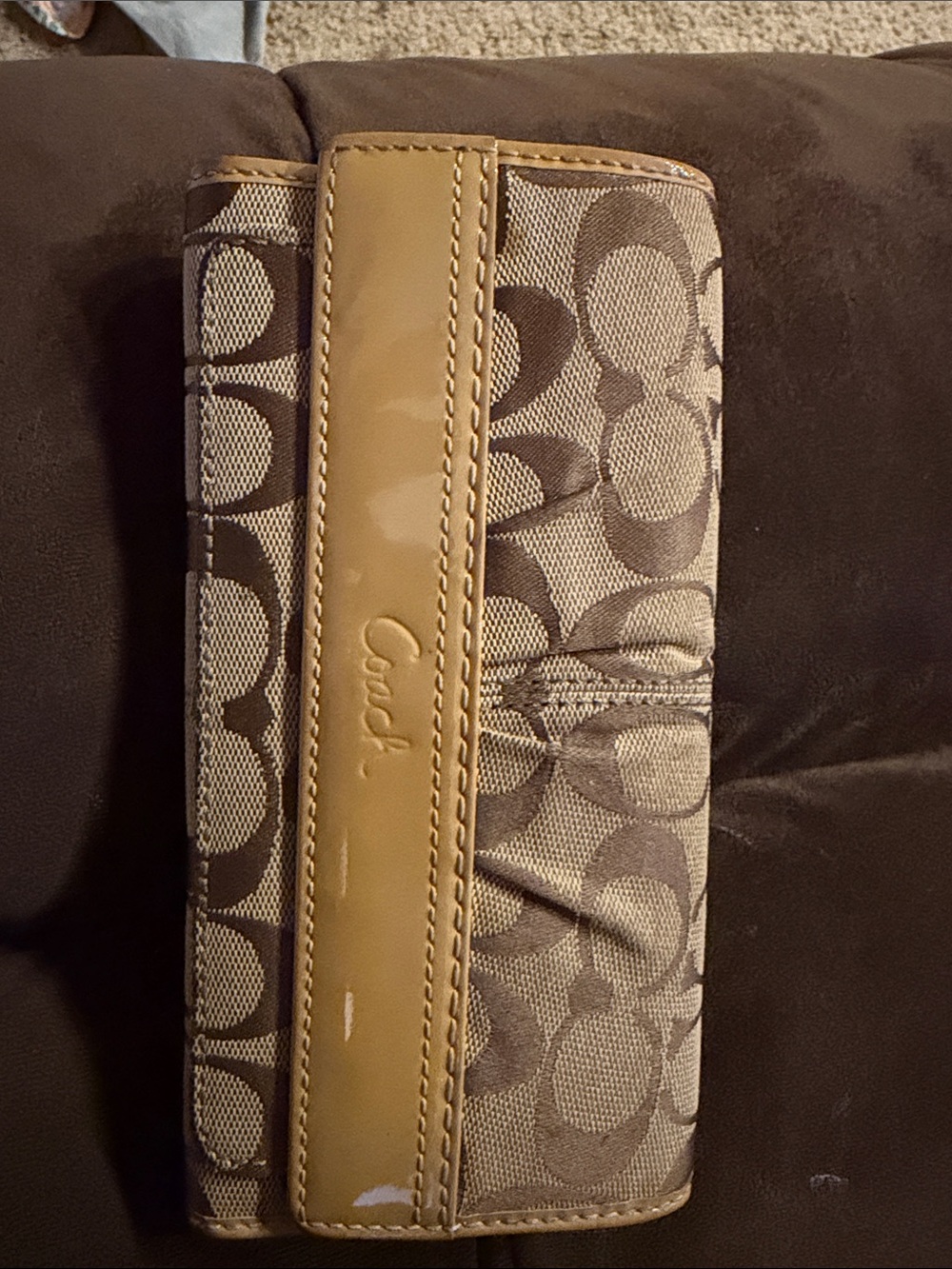 Coach Brown Signature Canvas Wallet with Tan Patent Trim